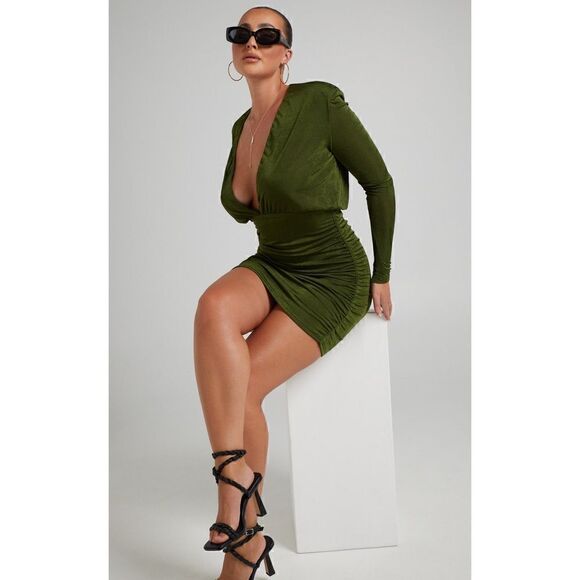 NWT Showpo Kaitie Mini Deep V Open Front Ruched Dress in Khaki, Size 4 - Picture 7 of 16
